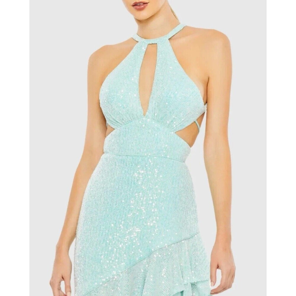 NWT IEENA MAC DUGGAL Size 10 Prom Dress Aqua Seafoam Sequin Cut Out Ruffle 11274